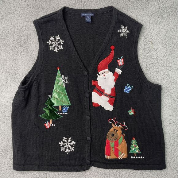 Christmas Vest Knit Womens Westbound Petites Large Santa Tree Reindeer Festive - Picture 1 of 13